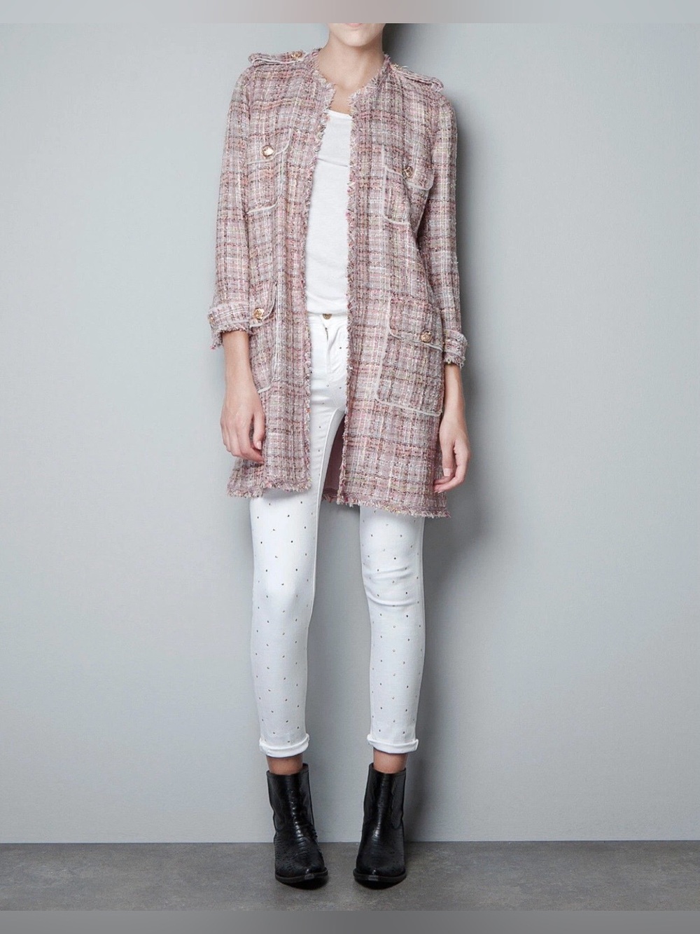 Zara Fantasy Pink Metallic Tweed Long Jacket Coat Women’s Large